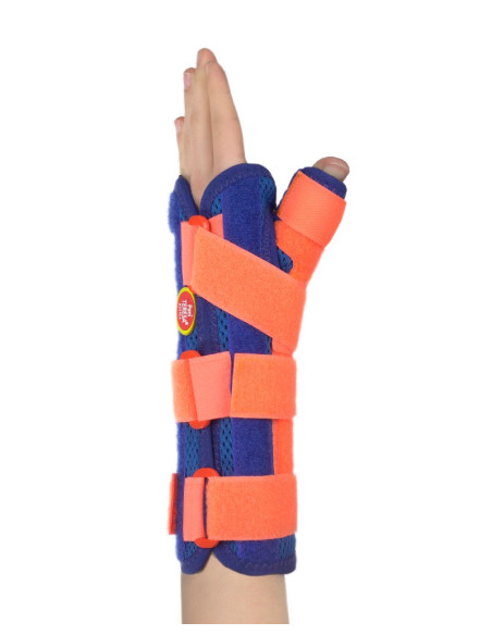 Orteza dziecięca nadgarstka z odpinanym kciukiem Pani Teresa MEDICA YOUNG PT0337 niebiesko-pomarańczowa