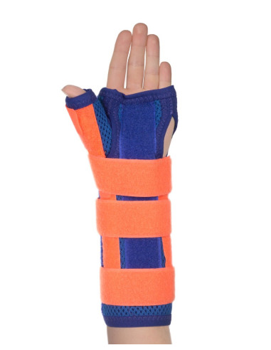 Orteza dziecięca nadgarstka z odpinanym kciukiem Pani Teresa MEDICA YOUNG PT0337 niebiesko-pomarańczowa