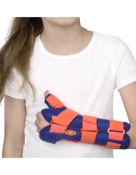 Orteza dziecięca nadgarstka z odpinanym kciukiem Pani Teresa MEDICA YOUNG PT0337 niebiesko-pomarańczowa