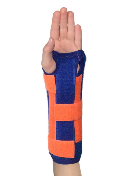 Orteza dziecięca nadgarstka z odpinanym kciukiem Pani Teresa MEDICA YOUNG PT0337 niebiesko-pomarańczowa