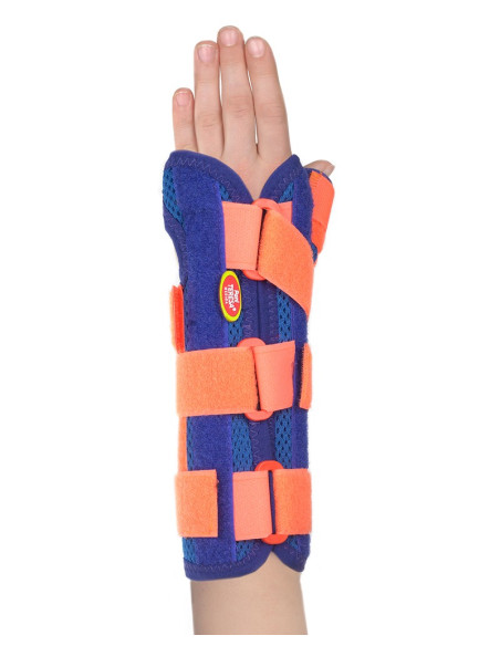 Orteza dziecięca nadgarstka z odpinanym kciukiem Pani Teresa MEDICA YOUNG PT0337 niebiesko-pomarańczowa