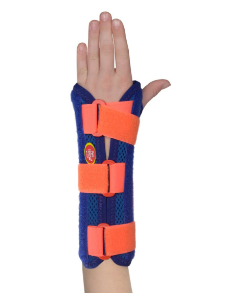 Orteza dziecięca nadgarstka z odpinanym kciukiem Pani Teresa MEDICA YOUNG PT0337 niebiesko-pomarańczowa