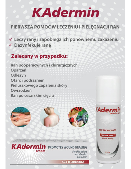 Kadermin Powder Spray wspomagający gojenie się ran, oparzeń, owrzodzeń, odleżyn. Proszek w sprayu 125ml.